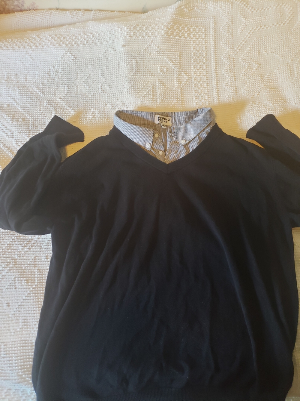 Flying Point Navy V-Neck Sweater with Mock Layered Shirt